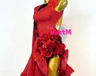 Customizable Red Latin Dress Dancewear, Floral Salsa Competition Performance Wear
