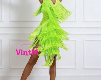 Vestido de baile latino con cuello halter, capas y flecos densos / Vestido de baile de salón de talla estándar para adulto