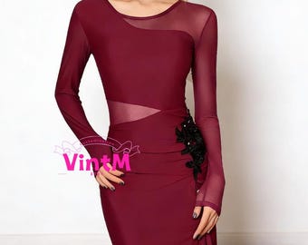 Long Sleeve Mesh Latin Ballroom Dress | Lace Gown for Rumba Cha Cha & Daily Practice