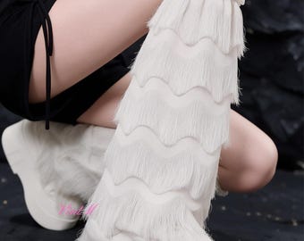 Layered Tassel Fringe Leg Warmers, Ruffle Top Leg Covers, Gothic Y2K Cuffs Dance Accessory