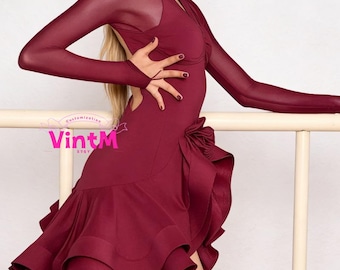 Backless Latin Dance Dress with 3D Flower, Built-in Bra & Briefs, Adult Women Practice/Performance