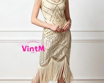 1920s Vintage Sequin Fringe Flapper Dance Dress, Roaring 20s Gatsby Beaded Cocktail Dress