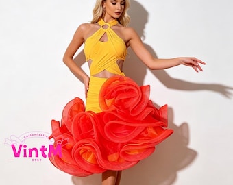 Custom Latin Dance Dress Ballroom Competition Skirt, Halter Neck Cutout Ruffled Costume, Yellow-Orange Flamenco