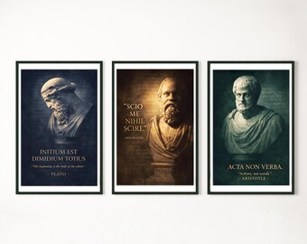 Philosophy Quote Prints – Socrates, Plato, Aristotle Busts Poster Set of 3- Motivational Quotes for History and Philosophy Enthusiasts