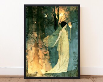Hestia Art Nouveau Print | Greek Goddess of Hearth and Home Wall Art | Sacred Fire Goddess Poster | Mythology Decor | Woodland Illustration