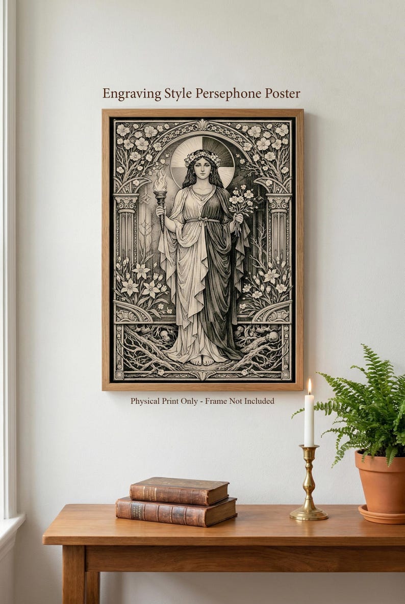 May include: A black and white engraving style poster titled Engraving Style Persephone Poster featuring a central figure holding a torch and flowers, framed by floral arches and roots. The text Physical Print Only - Frame Not Included is visible.