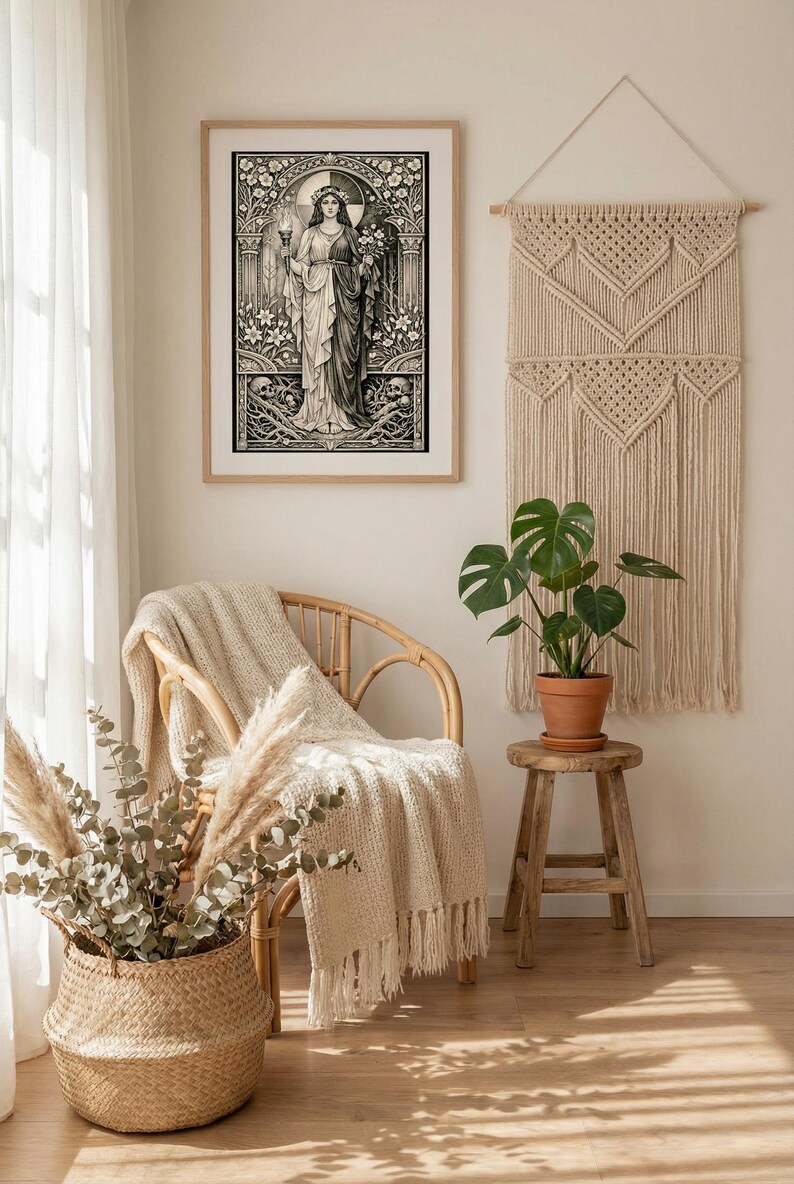 May include: A framed black and white art print depicting a central figure holding a torch and flowers, surrounded by floral motifs and skulls. The print is displayed on a wall next to a cream-colored macrame wall hanging and a wooden stool.