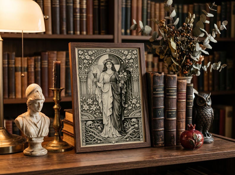 May include: A rectangular framed print featuring a black and white illustration of a central female figure holding a torch and flowers, surrounded by an ornate archway, floral motifs, and skulls at the base, enclosed in a dark brown wooden frame.
