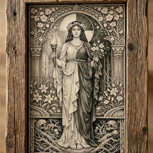 May include: A black and white illustration of a figure wearing a floral crown and a draped gown, holding a torch and a bouquet of flowers. The figure stands between two pillars surrounded by flowering vines, with two skulls at the base, all in a rustic wooden frame.
