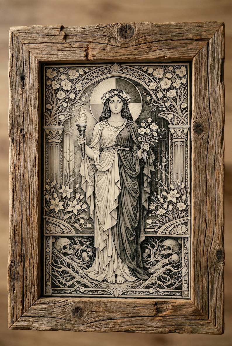 May include: A black and white illustration of a figure wearing a floral crown and a draped gown, holding a torch and a bouquet of flowers. The figure stands between two pillars surrounded by flowering vines, with two skulls at the base, all in a rustic wooden frame.