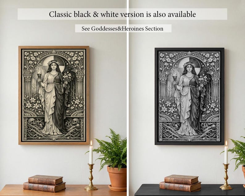 May include: Two framed art prints. One has a light brown frame, the other a black frame. Each features a black and white illustration of a woman holding a torch and flowers. The text at the top says "Classic black & white version is also available."