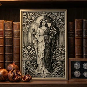 May include: A framed black and white art print depicting a figure wearing a dual-toned robe, holding a lit torch in one hand and a bouquet of flowers in the other. The figure is adorned with a floral crown, surrounded by intricate botanical motifs, skulls, and roots within an arched frame.