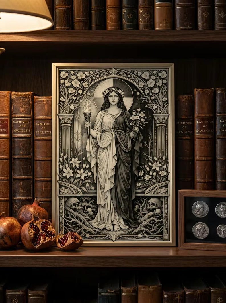 May include: A framed black and white art print depicting a figure wearing a dual-toned robe, holding a lit torch in one hand and a bouquet of flowers in the other. The figure is adorned with a floral crown, surrounded by intricate botanical motifs, skulls, and roots within an arched frame.