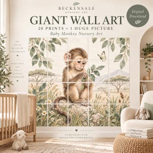 Pode incluir: Um conjunto de arte de parede para download digital composto por 20 impressões que formam uma grande imagem de um bebé macaco sentado numa rocha numa paisagem de savana com árvores, erva, flores e uma borboleta, rotulado como Giant Wall Art.