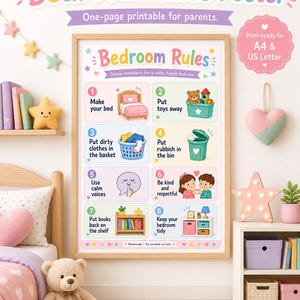 May include: A Bedroom Rules poster featuring eight numbered illustrations with text, including Make your bed, Put toys away, Put dirty clothes in the basket, Put rubbish in the bin, Use calm voices, Be kind and respectful, Put books back on the shelf, and Keep your bedroom tidy.