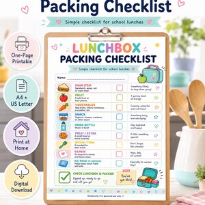 May include: A wooden clipboard holding a colorful Lunchbox Packing Checklist for school lunches. The document features icons for main items, fruit, vegetables, snacks, drinks, treats, utensils, napkins, and ice packs, with checkboxes and text.