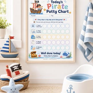 May include: A rectangular wall chart titled Today's Pirate Potty Chart with a pirate ship illustration, five rows for tracking potty training steps, and a Well done today! message at the bottom, all framed in a light wood frame on a white wall.