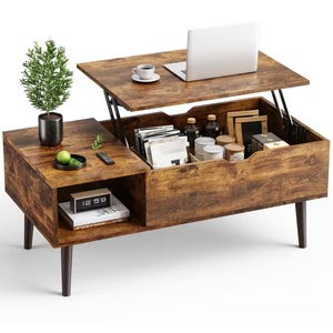 May include: A rectangular coffee table with a rustic brown wood grain finish and four dark tapered legs. The table features a lift-top mechanism, an open side shelf, and a hidden storage compartment containing various household items and books.