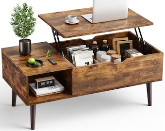 Rustic Brown Coffee Table, Height Adjustable, Wooden Top, Garden Living Room, With Hidden Compartments And Storage Shelves SHIPS FROM USA