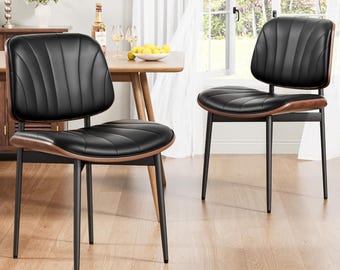 Set Of 2 Dining Chairs Mid Century Modern Upholstered Dining Room Chairs, Faux Leather Kitchen Chairs with Curved Wooden Back And Metal Legs