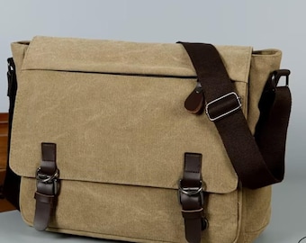 Gift Father's Day Men Messenger Bag Premium Canvas, Laptop Travel College Backpack Large Capacity Shoulder Bag Casual Crossbody Brown Blue