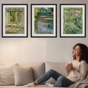 Conjunto de 3 pôsteres vintage do New York Times com temas de jardins, incluindo capas de revistas botânicas e colagens de parede. Disponíveis emoldurados ou em tela.