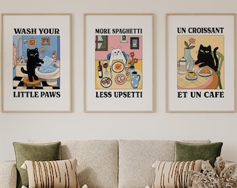 Lot de 3 oeuvres d'art murales chat drôle, impressions de cuisine fantaisistes, poster animal mignon, décoration murale de salle de bain, décoration d'intérieur originale, cadeau pour les amoureux des chats