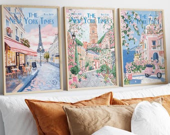 Juego de 3 impresiones de portadas de revistas vintage del New York Times, pósteres del New York Times en azul suave, collage de pared europeo retro del NYT.