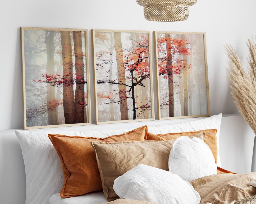 Misty Autumn Forest Wall Art Set of 3, Foggy Birch Tree Prints, Red ...