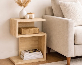 スカンジナビア産トラバーチン製サイドテーブル、モダンなZ字型エンドテーブル、ミニマリストな細身のサイドテーブル、狭いスペース向けのリビングルームテーブル