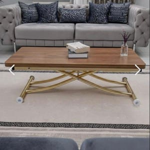 May include: A rectangular wooden coffee table with a gold-coloured metal base. The table has a lift-top design and is placed on a patterned rug. A grey sofa with decorative cushions is in the background.