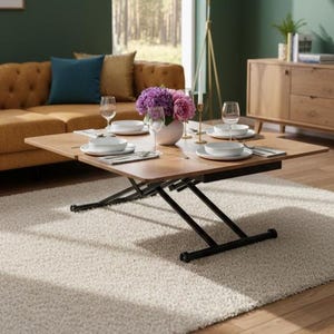 May include: A rectangular wooden coffee table with a lift-top mechanism, set for a meal. The table is surrounded by white plates, silverware, and wine glasses. A vase of purple and pink flowers sits in the centre. The table is on a cream-coloured rug.