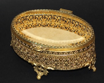 Beautiful Vintage Gold Ormolu and Glass Jewelry Box