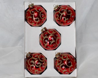 Vintage Set of 5 Red Shiny Glass Ornaments, with Gold and Silver Glitter