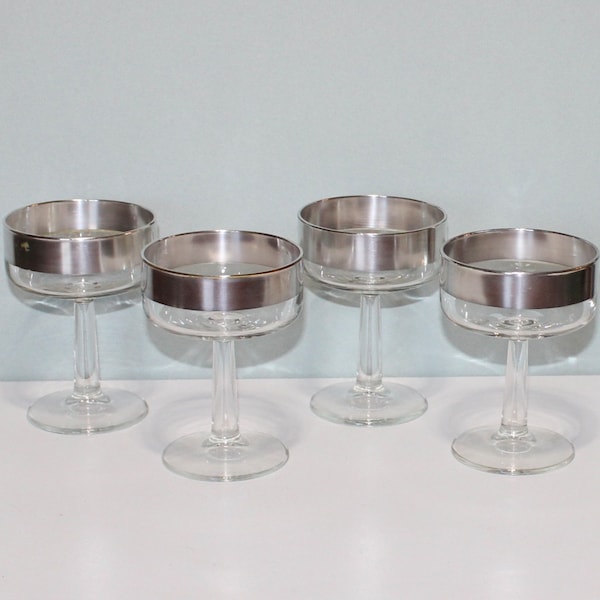 Handsome Set of 4 Vintage Dorothy Thorpe Silver Rimmed Coupe Champagne Glasses