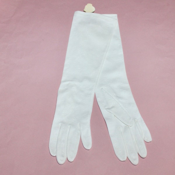 Vintage Hansen Lady's Off White Nylon Gloves Ostrich Embossed Design