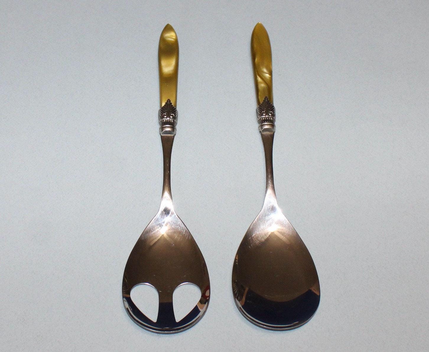 Vintage Italian Salad Fork and Spoon Set Stainless Steel and Lt Green Pearlescent Thermoset