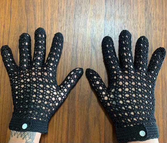 Vintage Lady's Black Crochet Gloves with Button - image 2