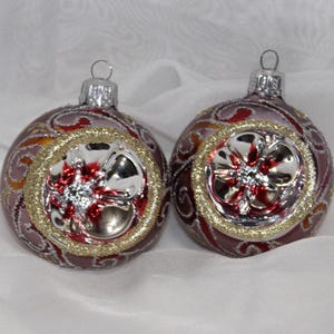 Vintage Pair of Reflector Glass Christmas Ornaments in Pink, Red and Orange