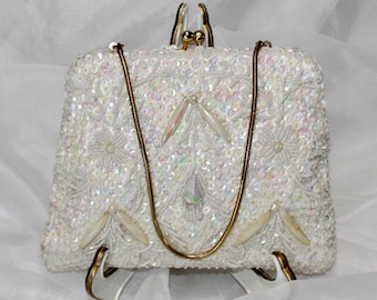 Pretty Vintage Off White Beaded and Iridescent Sequined Clutch / Wristlet