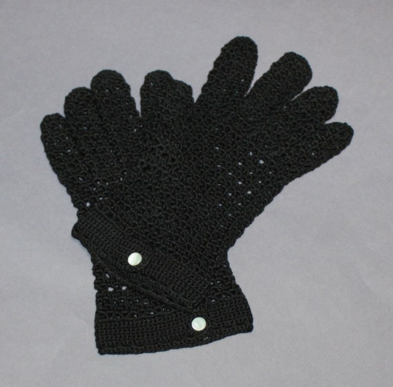 Vintage Lady's Black Crochet Gloves with Button - image 3