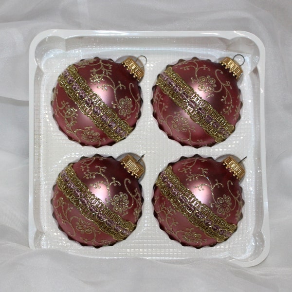 Vintage Set of 4 Christmas by Krebs Dusty Pink Iridescent Gold Glitter and Lace Glass Ornaments