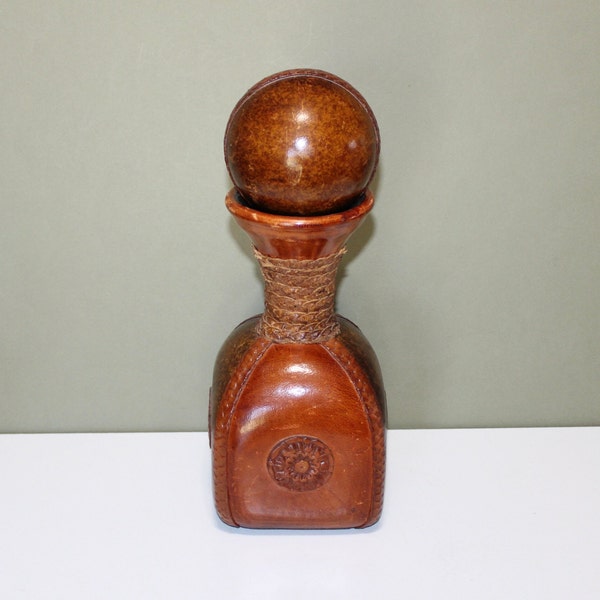 Vintage Italian Leather and Glass Decanter with Stopper