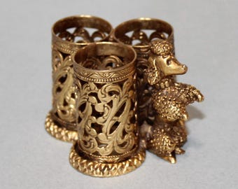 Vintage Stylebuilt Gold Ormolu Poodle Open Filigree Lipstick Holder