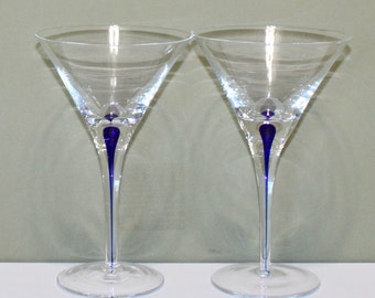 Vintage Pair of Cobalt Teardrop Stem Martini Glasses