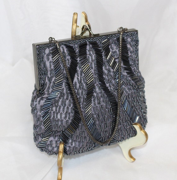 Pretty Vintage Blue Gray Beaded Clutch with Chain