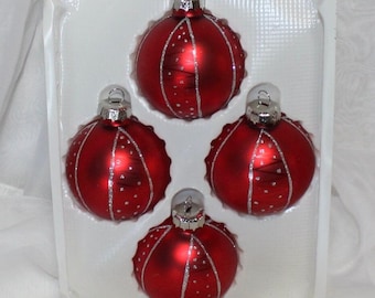 Vintage Set of 4 Christmas by Krebs Red Satin and Silver Glitter Glass Ornaments