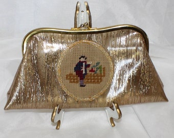 Cute Vintage Gold and Clear Vinyl Makeup Bag / Cosmetic Bag with Embroidered Patch