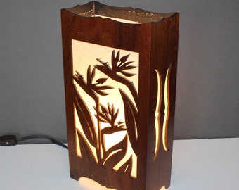 Vintage Wooden and Rice Paper Hawaiian Bird of Paradise Lamp