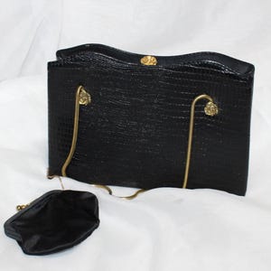 Preciosa cartera de mano vintage After Five con estampado de reptil negro y monedero adjunto